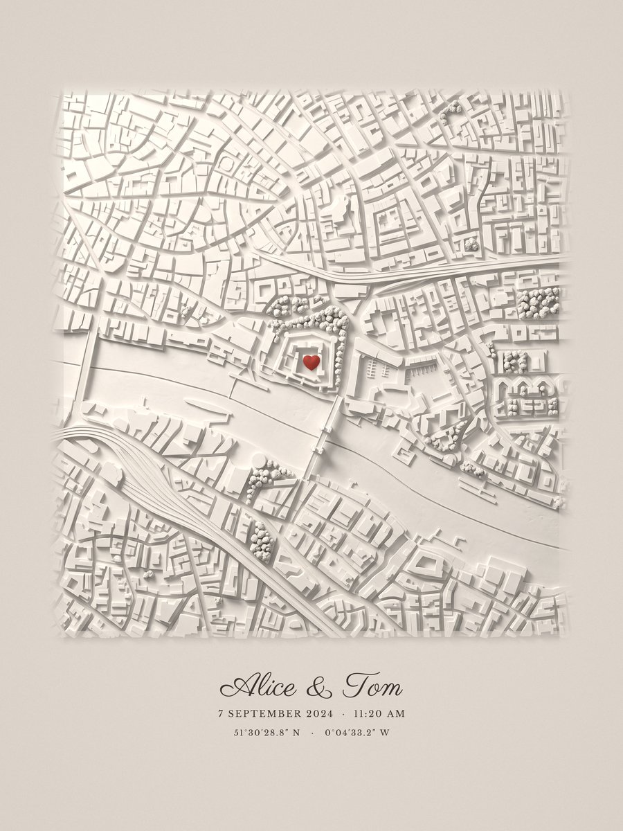 Artwork: ivory plaster relief map of London, United Kingdom with a small red heart on the spot, and the names Alice & Tom.