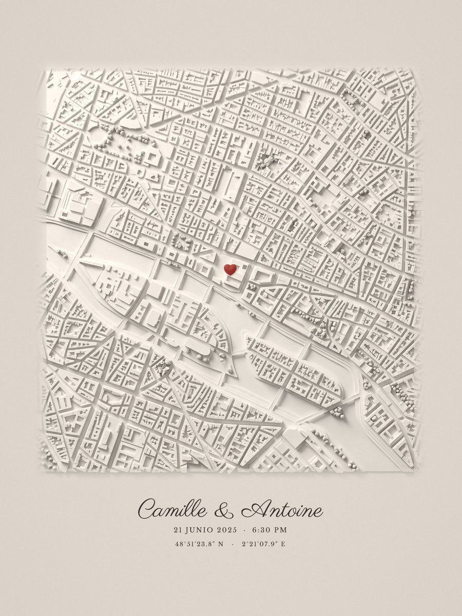 Artwork: ivory plaster relief map of Paris, France with a small red heart on the spot, and the names Camille & Antoine.