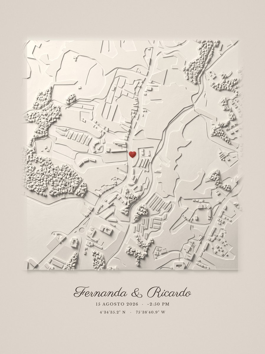 Artwork: ivory plaster relief map of Armenia, Colombia with a small red heart on the spot, and the names Fernanda & Ricardo.