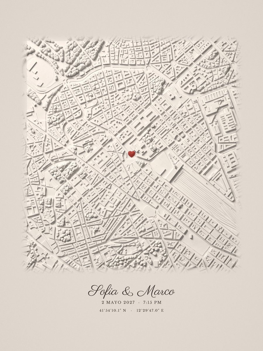 Artwork: ivory plaster relief map of Rome, Italy with a small red heart on the spot, and the names Sofia & Marco.